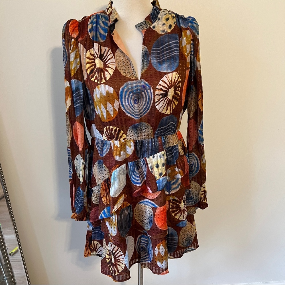 Marie Oliver Brown and Blue Patterned mini dress long sleeve s